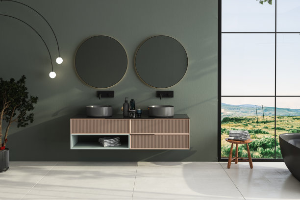 现代极简主义的浴室内部，深绿色的墙壁，豪华的浴室橱柜，双水槽，室内植物，浴缸，台面，从窗户看森林。舒适的浴室设计。三维渲染图片下载