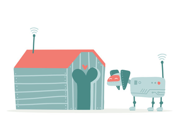 机器狗和他的狗窝。Cpmic电子宠物、机器狗、现代儿童玩具独立设计元素。数字技术、创新和人工智能。平面向量插图。图片下载