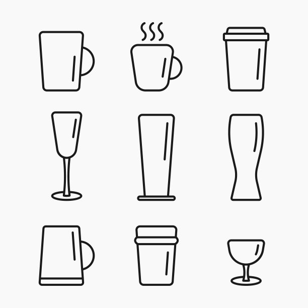 咖啡茶啤酒玻璃线图标集矢量平面插图图片下载