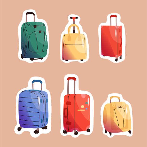 行李矢量贴纸合集，带白色轮廓的隔离手提箱，用于旅行和旅游的手提包图标图片下载