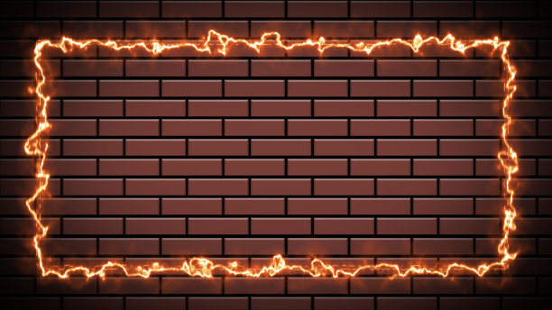 橙色燃烧霓虹灯标志矩形动画在砖墙，夜总会复古风格，可编辑的空矩形霓虹灯标志动画，动态图形。图片下载