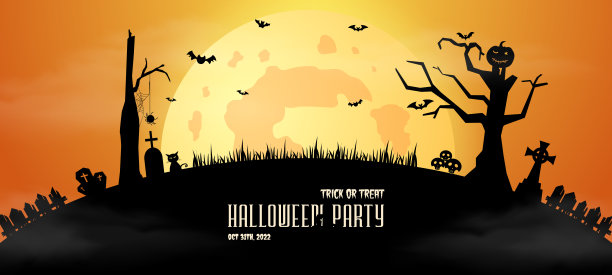 万圣节的幽灵之夜，有南瓜、房子、月亮、墓碑、坟墓和飞翔的蝙蝠。万圣节不给糖就捣蛋的贺卡图片下载