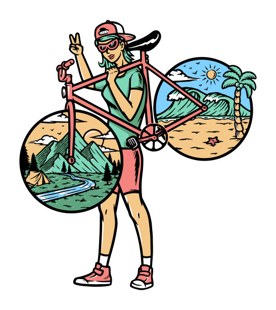 美丽的女人和她的自行车插画图片下载