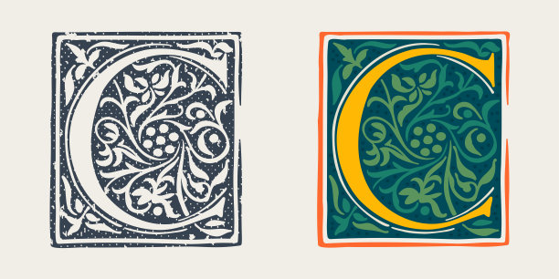 中世纪哥特式风格的C字母标志。一套昏暗的颜色和单色垃圾风格的象征。图片下载