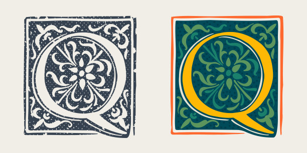 Q字母标志的中世纪哥特式风格。一套昏暗的颜色和单色垃圾风格的象征。图片下载