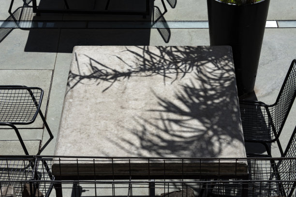 户外，阳光下，酒吧桌子上棕榈树的影子。罗萨里奥市参数。编辑图像删除一个标志。图片下载