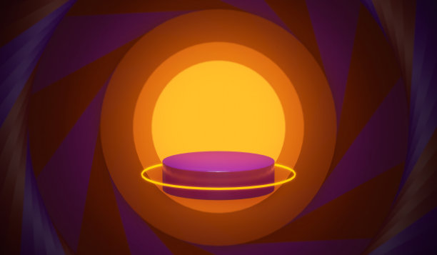 三维渲染的抽象展台，用于橙紫色调的产品展示和舞台，用于圆柱形的展示。图片下载
