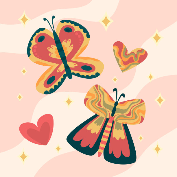 复古波西米亚海报与蝴蝶嬉皮。复古70年代的背景。嬉皮士打印说明。彩虹60年代，70年代，绝妙的矢量。图片下载