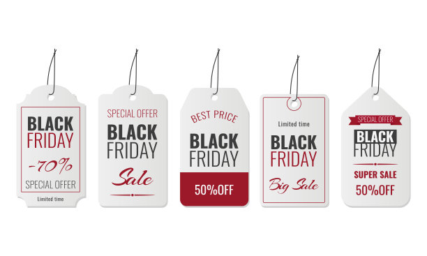 黑色星期五的标签集合在白色背景深灰色和暗红色的颜色图片下载