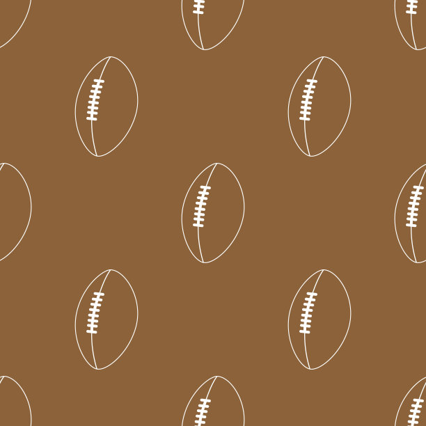 与运动器材的无缝模式。彩色重叠背景向量。美式橄榄球用球的插图。收集棕色的球。装饰墙纸，适合印刷图片下载