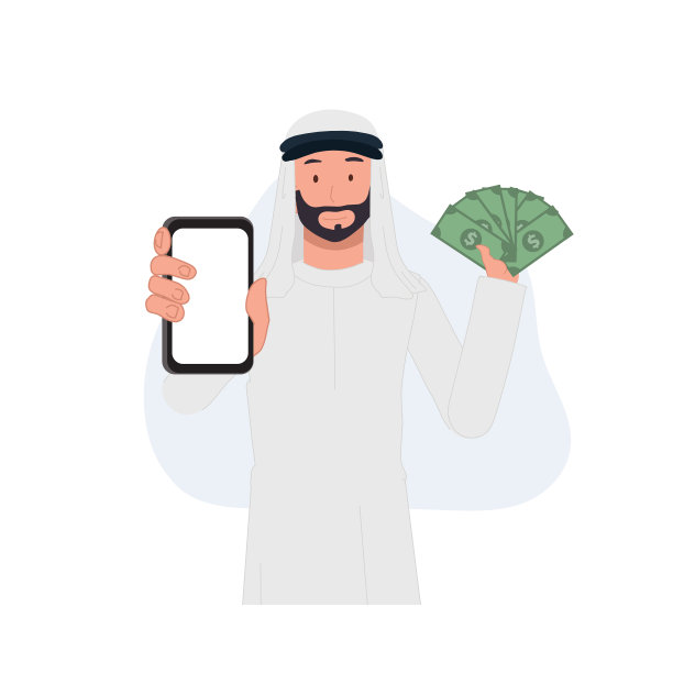 阿拉伯男子手持智能手机和钱演示如何在网上赚钱。矢量图图片下载