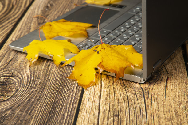 电脑，木制背景的笔记本电脑。图片下载