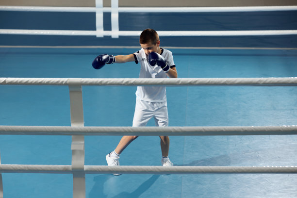 学龄男孩，初级拳击手穿着运动服和手套在拳击台锻炼。运动概念，学习，成就，健康的生活方式。图片下载