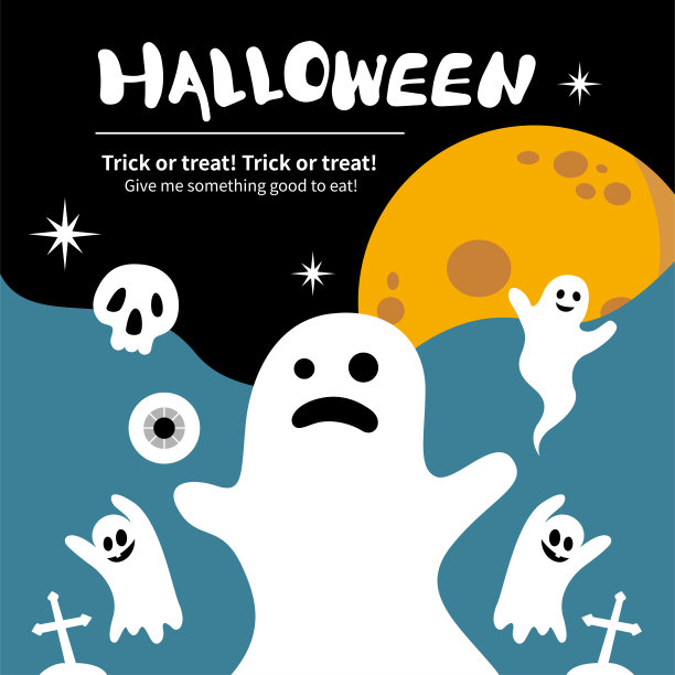 万圣节快乐向量。魔法元素。南瓜，鬼魂，骷髅头，黑猫。平面卡通风格的插图。图片下载