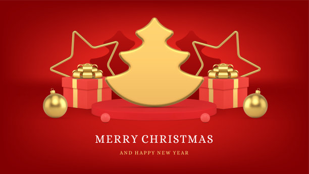 金色圣诞云杉圣诞快乐祝贺红色网页横幅模板逼真的3d图标矢量图片下载