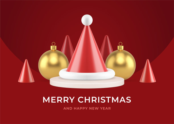 圣诞快乐高级红色贺卡模板逼真的3d图标矢量插图图片下载