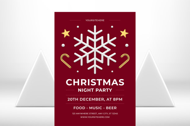 红色圣诞派对传单模板促销邀请活动公告逼真的3d图标矢量图片下载