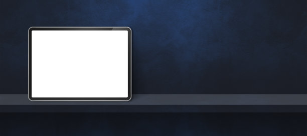 数字平板电脑在黑色的墙架子上。背景横幅图片下载