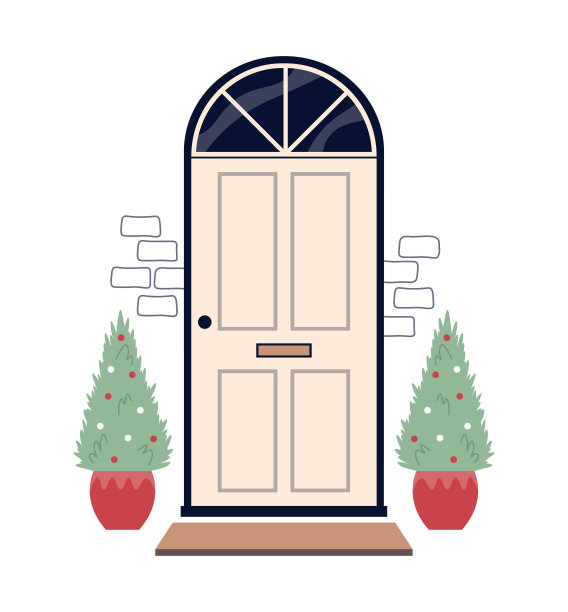 装饰前门。圣诞节或新年矢量插图。前门装饰着圣诞树。孤立的平面插图在白色背景。图片下载