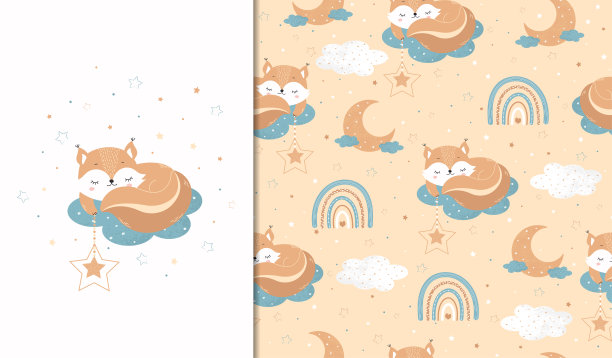 一套海报和无缝的图案，一只松鼠在云上，拿着一颗星星。儿童插图海报，纺织品。向量图片下载