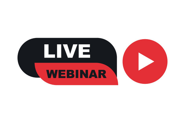 现场网络会议按钮，图标，会徽。直播，互联网教育。Logo概念与播放按钮。社交媒体网络研讨会。在线会议，远程沟通图片下载