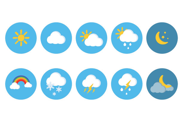 天气图标集。矢量插图的平面颜色天气图标。为天气预报设置的网站或移动应用程序ui图标。天气图标打印，网页或移动应用程序图片下载