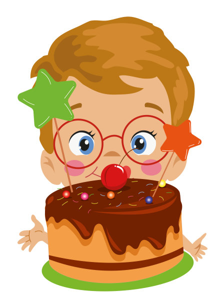 美味的樱桃巧克力生日蛋糕和可爱的男孩图片下载