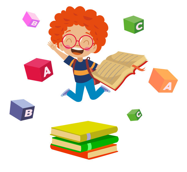 可爱快乐的男孩和书和字母方块蹦蹦跳跳图片下载