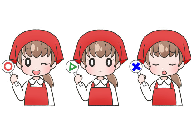 一组穿着红色围裙的女人，头巾和帽子上有YES, NO和中间的标签图片下载