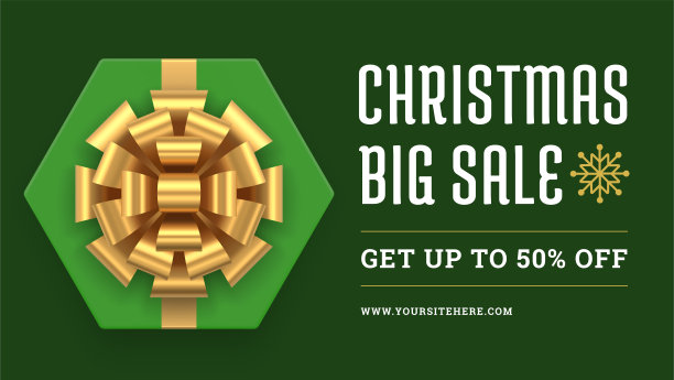 绿色圣诞销售网络横幅模板礼盒金色蝴蝶结顶部视图逼真的3d图标矢量图片下载