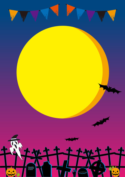 万圣节。 大的月亮和 墓地和南瓜 幽灵和蝙蝠的插图背景材料。 肖像图片下载