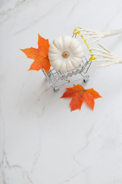 白色万圣节南瓜在小杂货店手推车与骷髅手臂和枫叶在大理石背景图片下载