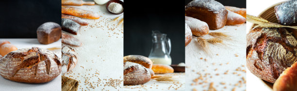 新鲜出炉的不同品种的面包和面包静物的彩色集合拼贴画图片下载