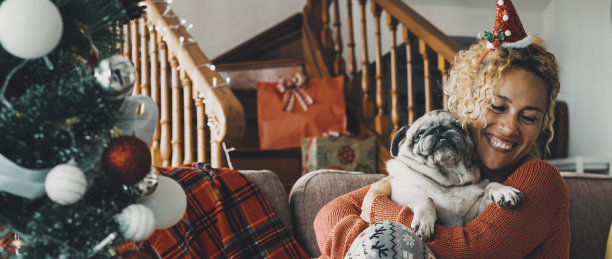 狗主人和她最好的朋友哈巴狗独自在家享受节日圣诞庆祝。一名妇女拥抱和享受她的狗戴着圣诞老人的帽子和微笑很多。友谊的概念图片下载