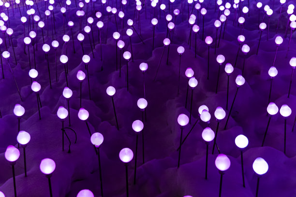 圣诞彩球为装饰背景上的彩灯创造了美丽的景色。亮紫色的球形灯笼。背景图片。图片下载
