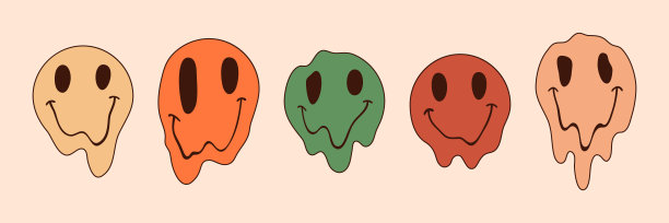 绝妙的笑脸。1970年代嬉皮复古风格的迷幻扭曲表情矢量插画图片下载