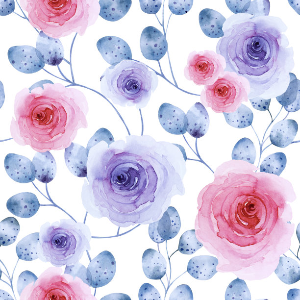无缝的花卉图案的蓝色和粉红色的玫瑰与模糊的叶子在白色的背景。手画水彩。图片下载