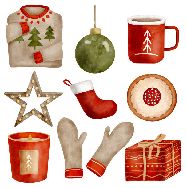水彩圣诞温馨家居套装。手绘礼品盒，蜡烛，饼干，冬天毛衣冷杉树，可可马克杯，手套，袜子，木星孤立在白色背景。新年装饰。图片下载