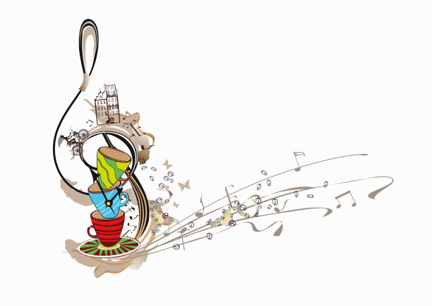 咖啡音乐。抽象高音谱号装饰咖啡波，豆子和杯子。图片下载