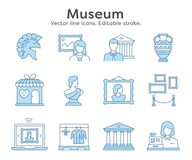 博物馆图标，如雕塑，古董，雕像，展览等。矢量插图孤立在白色上。可编辑的中风。图片下载
