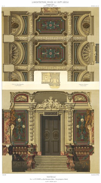 巴黎Monceaux公园的Mr. Menier酒店大堂的主立面和天花板，由建筑师H. Parent先生于1877年制作。图片下载