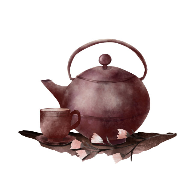 一个带茶杯的旧茶壶。在白色孤立的背景上的万圣节水彩插图图片下载