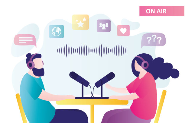 两个博主对着麦克风说话。流媒体，电台直播，工作场所。扬声器特写镜头。在线交流，播客概念。采访中,在线交谈。音频录制、图片下载