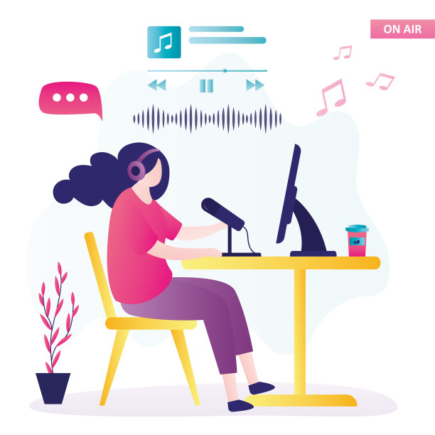 女博主对着麦克风说话。流媒体，电台直播，工作场所。女演讲者在线交流，播客概念。录音、直播、音频制作。图片下载