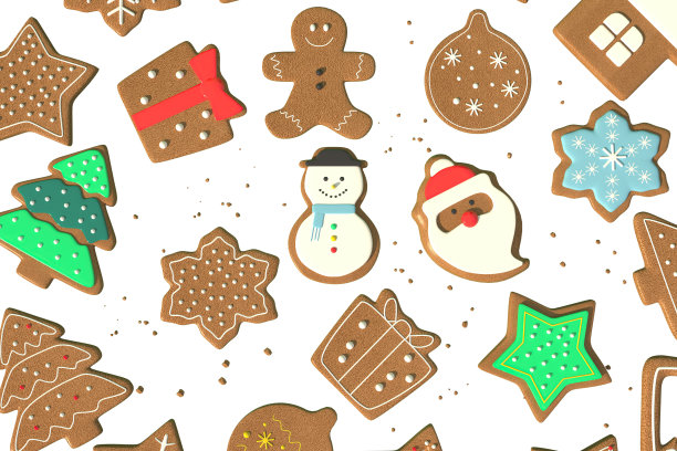 3d渲染圣诞或新年元素背景装饰饼干和糖果。五颜六色的节日礼物。现代设计。孤立的插图。图片下载