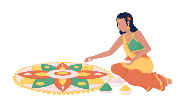 妇女在纱丽做rangoli图案半平面颜色矢量字符图片下载