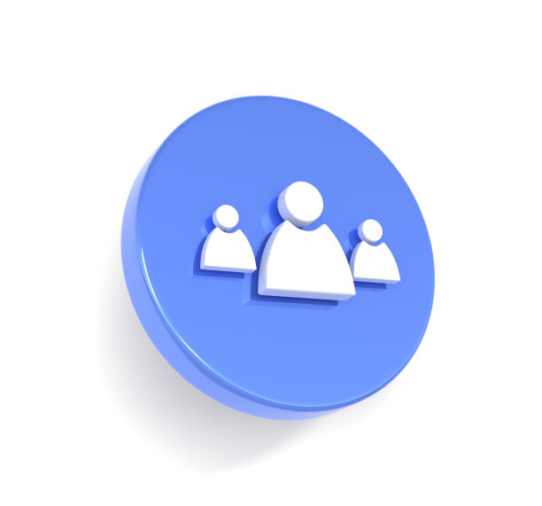 商务人团队图标，领导剪影与企业员工，人事管理。圆形蓝色标志，白底象形文字，社交网络用户符号图片下载