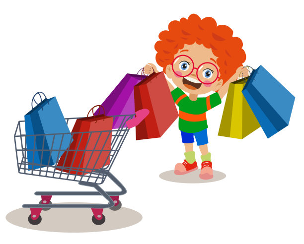 可爱的男孩正在把购物袋放进购物车。可爱的卡通画风图片下载