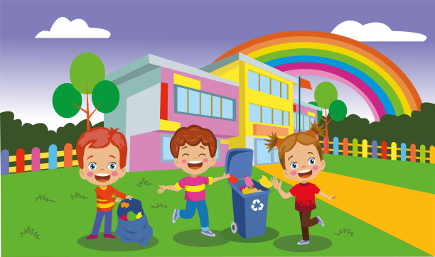 欢快的孩子们在校园里收集垃圾。(回收)图片下载