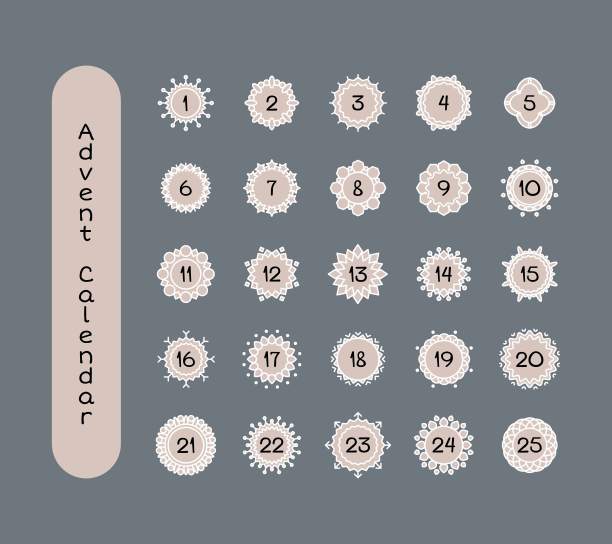 圣诞节出现日历。有雪花的寒假贺卡。一套彩色数字从1到25的降临日历。图片下载